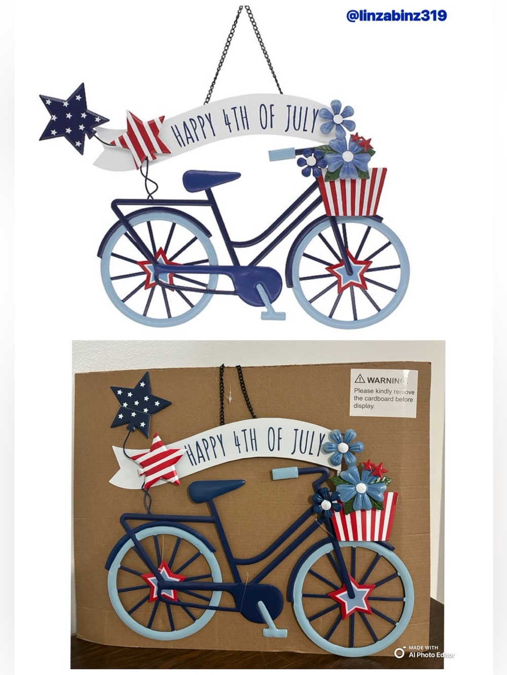 NWT- Beautiful Patriotic- Happy 4th of July- Metal Bicycle Decor Sign